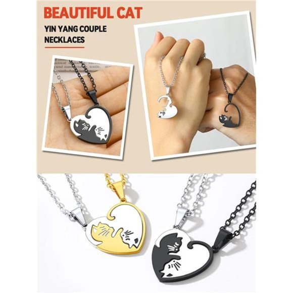 Puzzle Matching Necklace, Stainless Steel/18K Gold Plated Heart Cat/Yin Yang - Picture 4 of 7